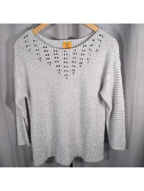 Ruby Rd. Silver Metallic Shimmer Rhinestone Embellished Knit Sweater